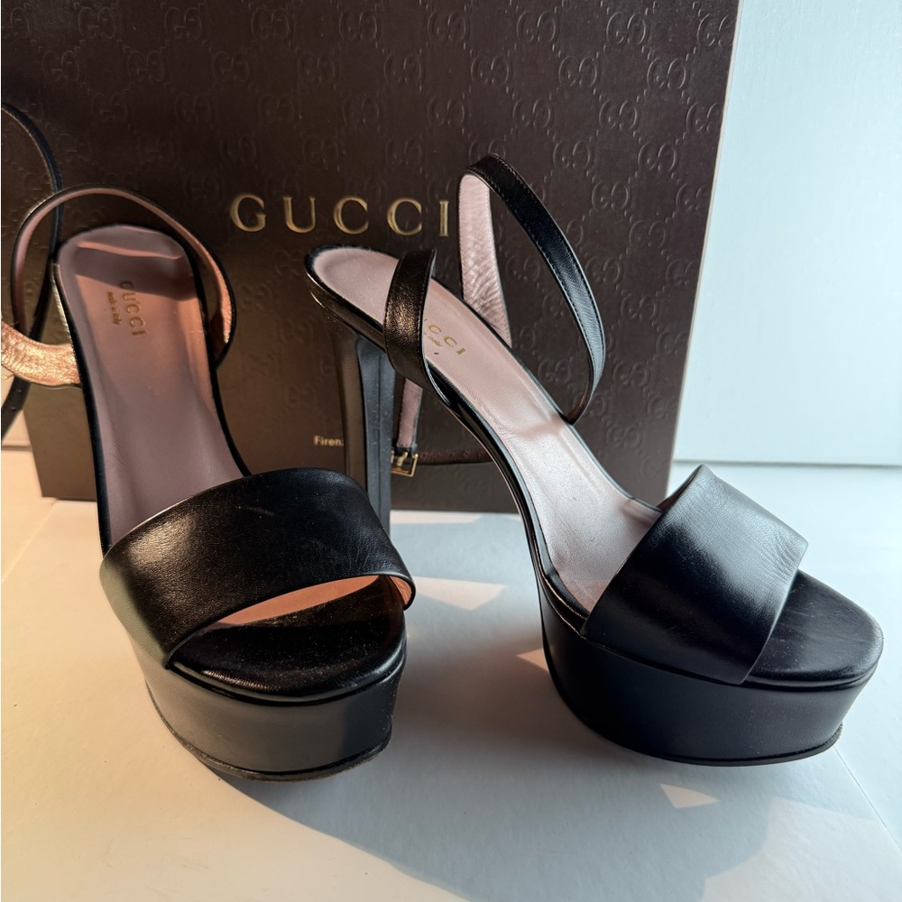 Gucci Black Heeled Platform Dandals